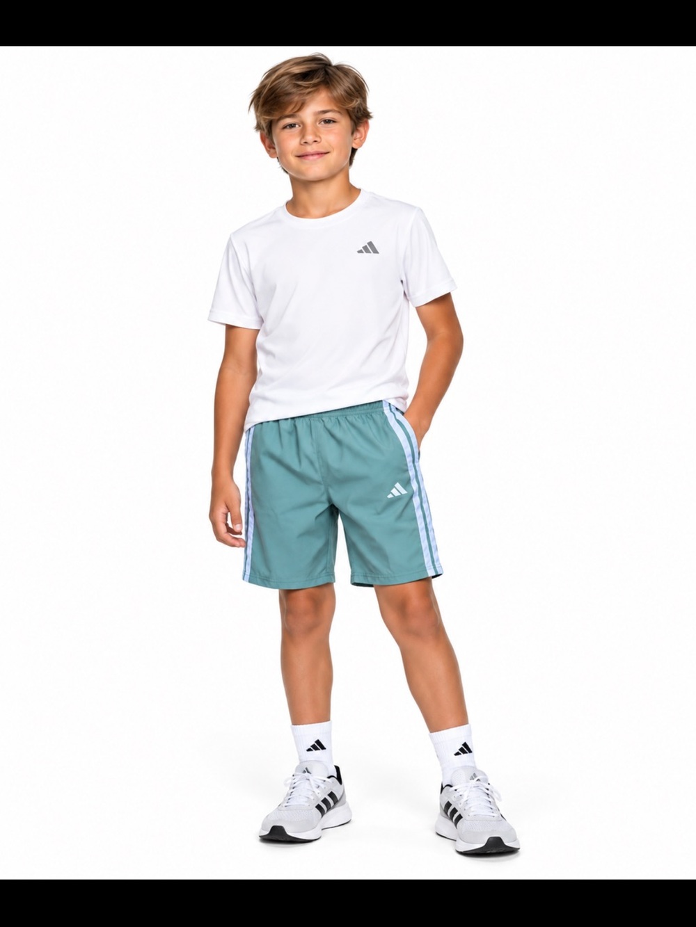 adidas Boys' M(10/12) Athletic Shorts Light Teal Green with Side Stripes